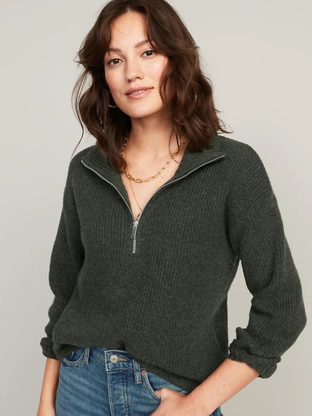 OLD NAVY - Rib-Knit Quarter-Zip Sweater - Ancient Forest Green